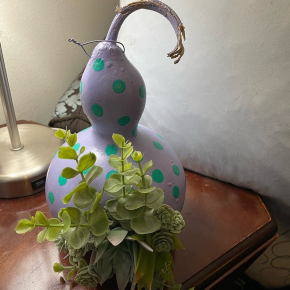 Hand crafted painted dried gourd planter purple aqua blue dots faux succulents - Picture 14 of 16